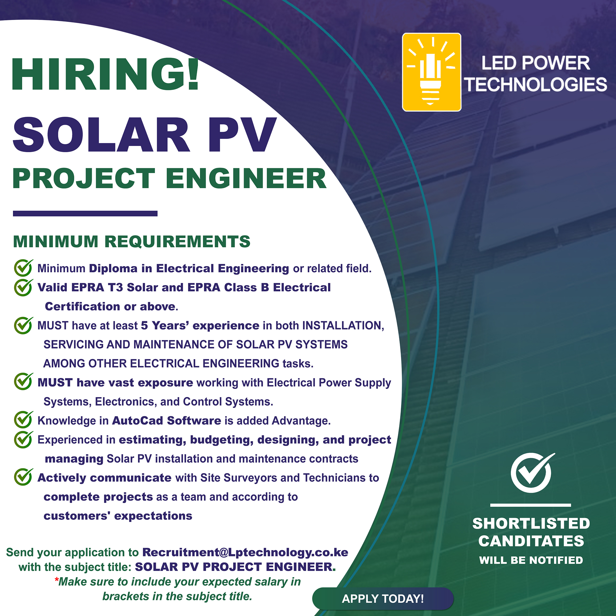 (APPLICATIONS ARE CLOSED!) Now Hiring Solar PV Project Engineer – LED ...